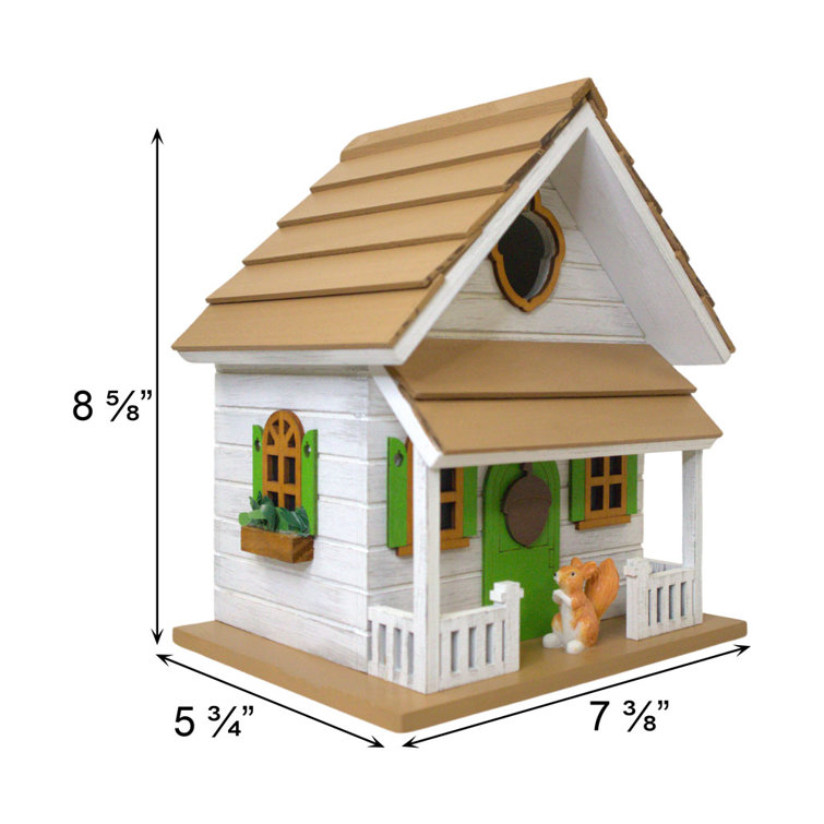 White and Green Cottage Birdhouse with Squirrel Figurine