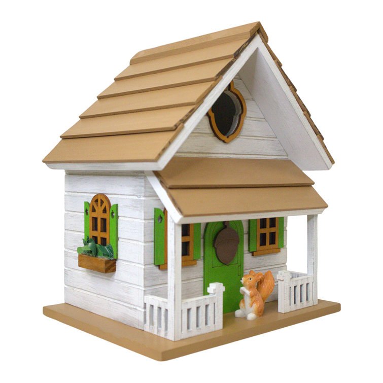 White and Green Cottage Birdhouse with Squirrel Figurine