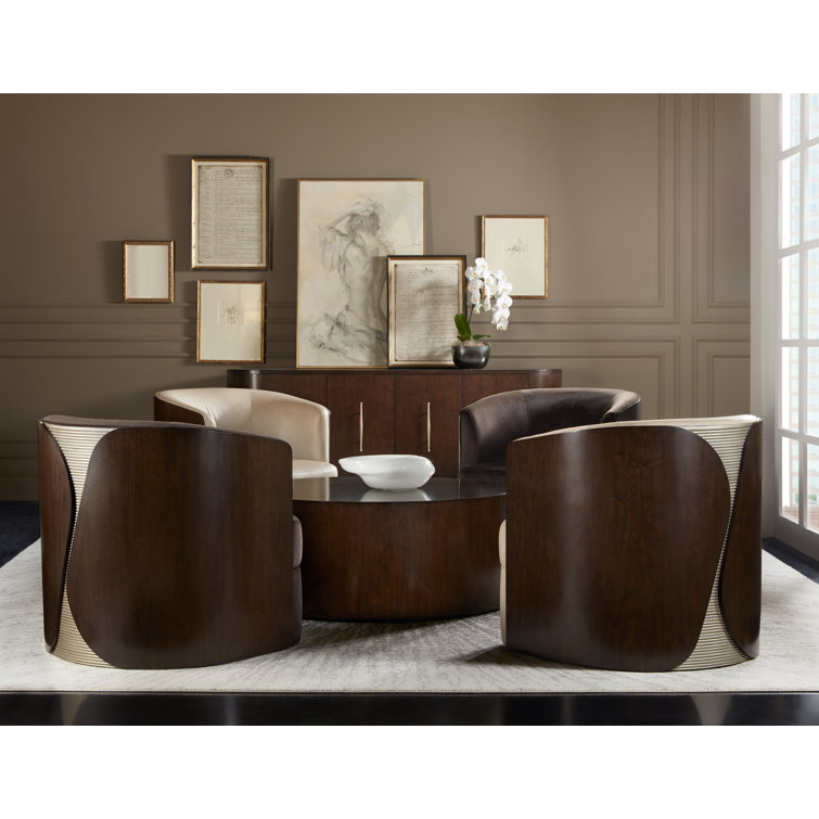 Brown Leather Barrel Swivel Chair with Manufactured Wood