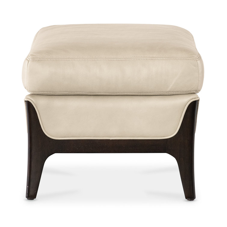 Beige Leather Ottoman with Dark Wood Legs