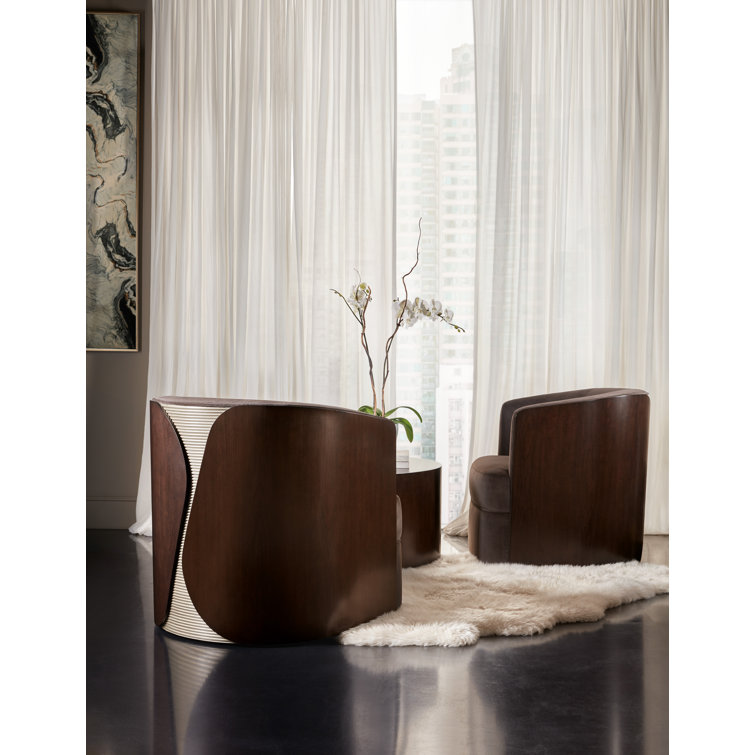 Brown Leather Barrel Swivel Chair with Manufactured Wood