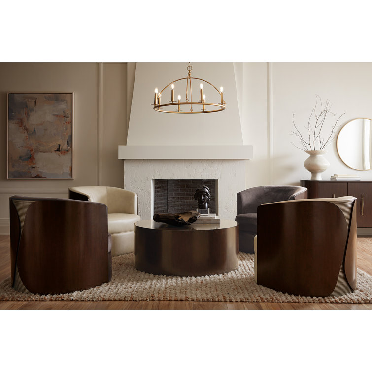 Brown Leather Barrel Swivel Chair with Manufactured Wood