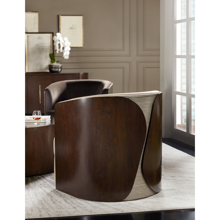 Brown Leather Barrel Swivel Chair with Manufactured Wood