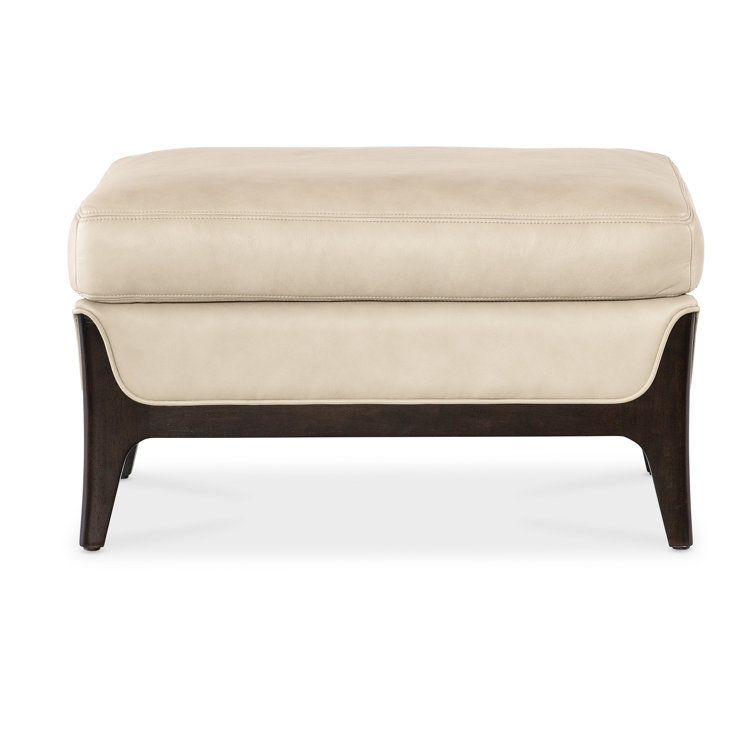 Beige Leather Ottoman with Dark Wood Legs