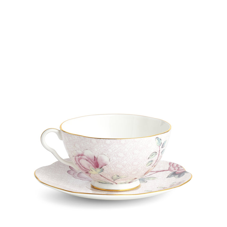 Pink Floral Bone China Teacup and Saucer with Gold Trim
