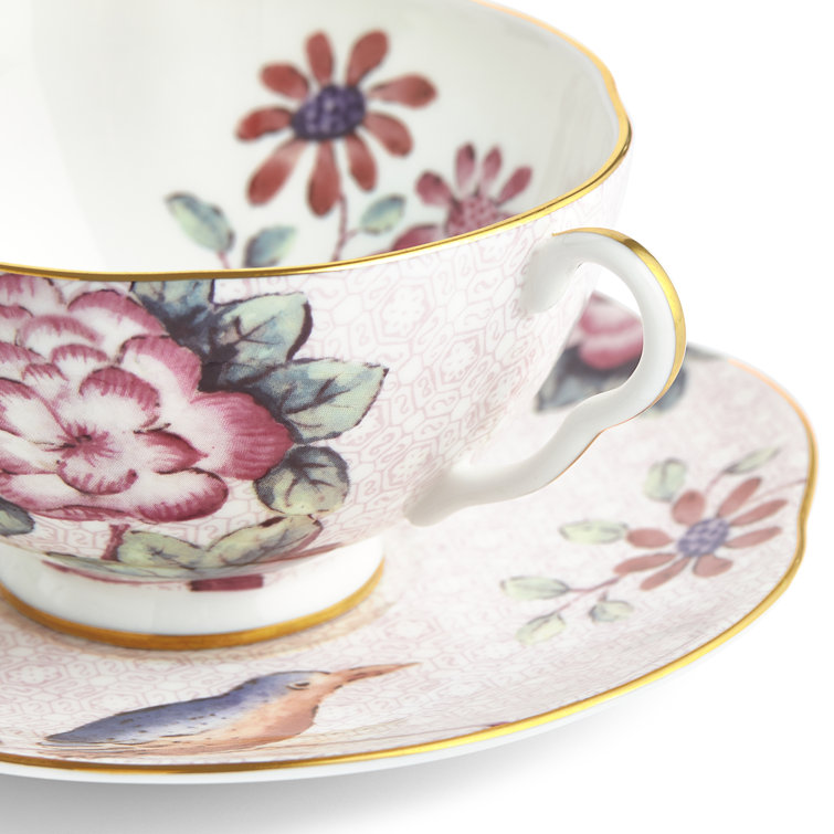 Pink Floral Bone China Teacup and Saucer with Gold Trim