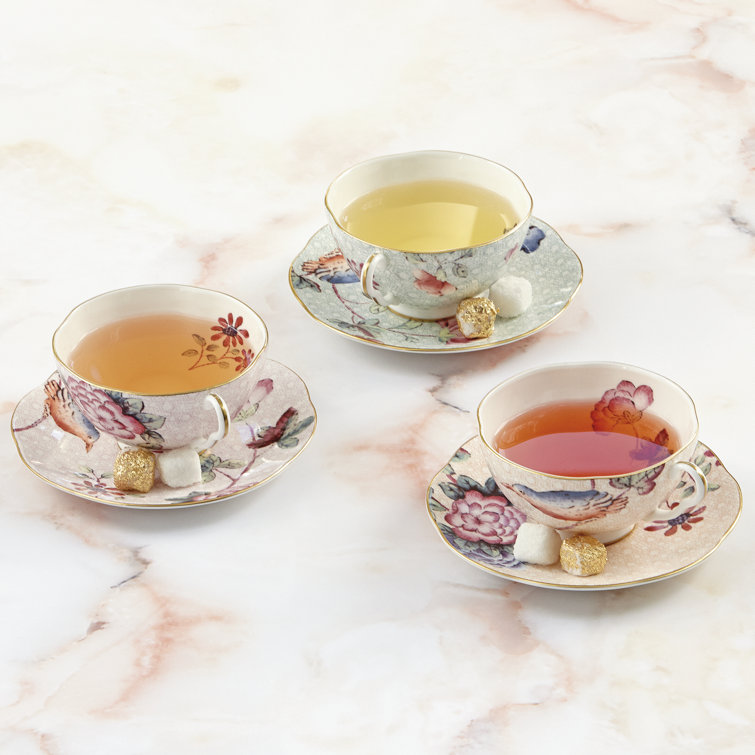 Pink Floral Bone China Teacup and Saucer with Gold Trim