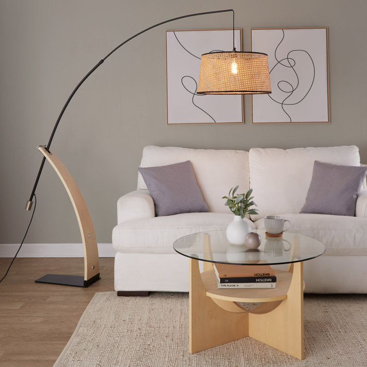 Black Arc Floor Lamp with Rattan Shade