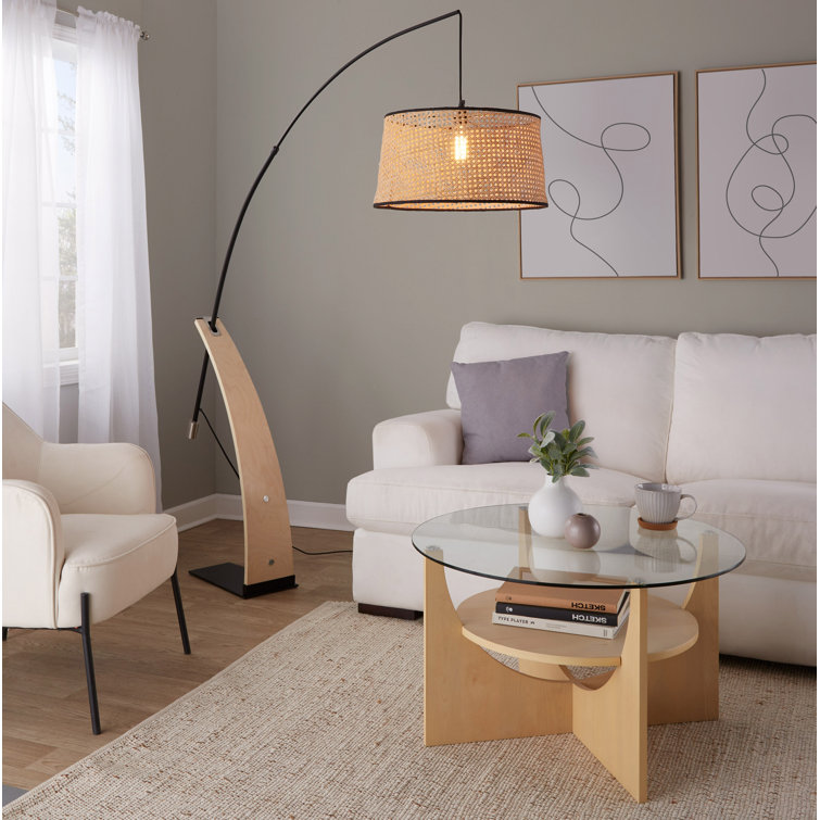 Black Arc Floor Lamp with Rattan Shade