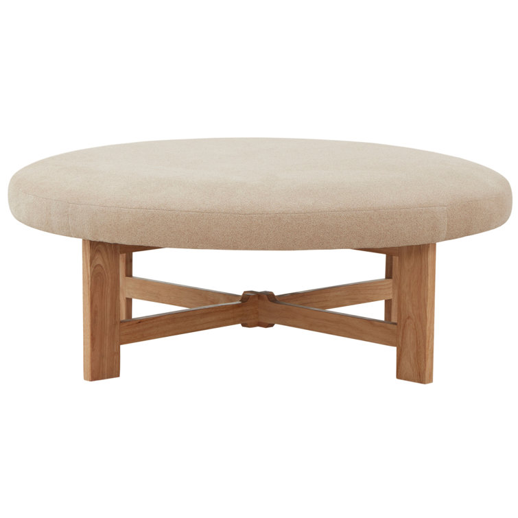 Ivory Boucle Round Ottoman with Pinewood Base