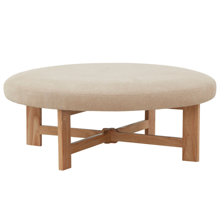 Ivory Boucle Round Ottoman with Pinewood Base