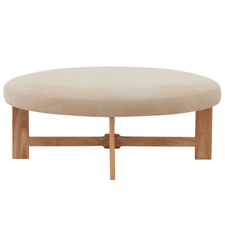 Ivory Boucle Round Ottoman with Pinewood Base