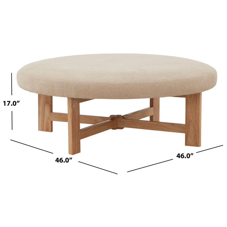Ivory Boucle Round Ottoman with Pinewood Base