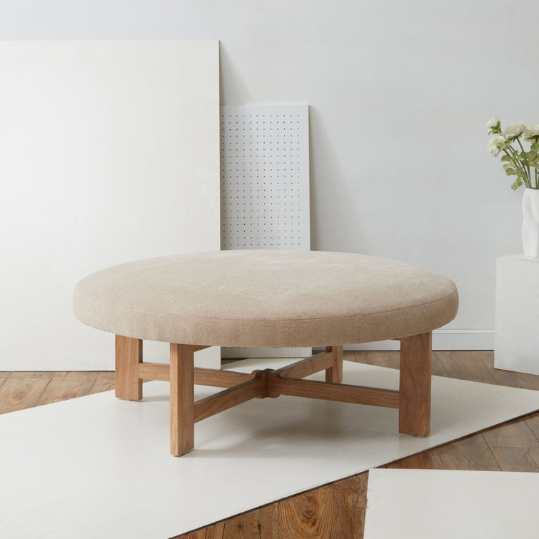 Ivory Boucle Round Ottoman with Pinewood Base