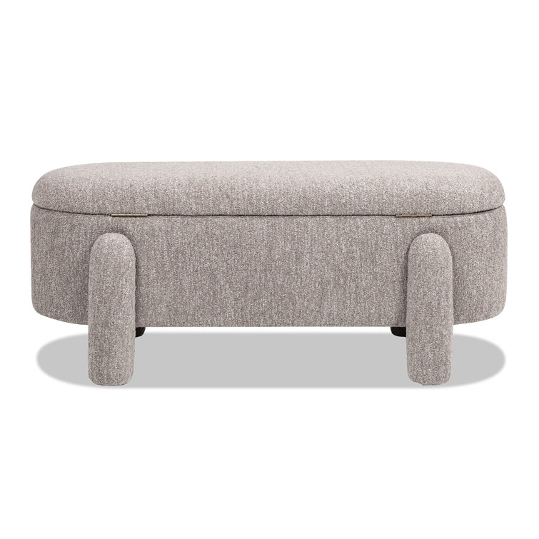 Olive Green Bouclé Upholstered Oval Storage Bench with Rubberwood Frame