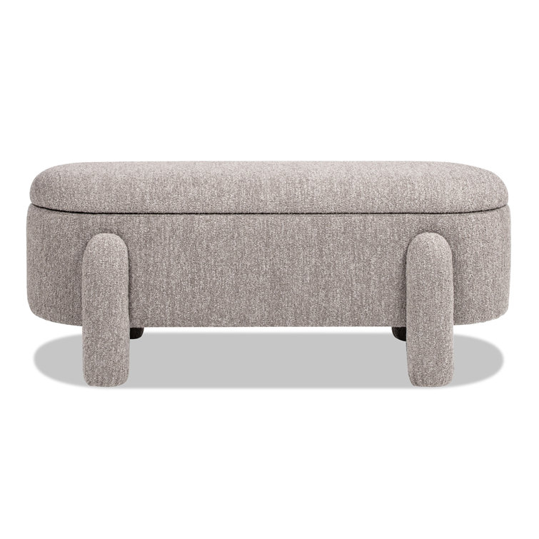 Olive Green Bouclé Upholstered Oval Storage Bench with Rubberwood Frame