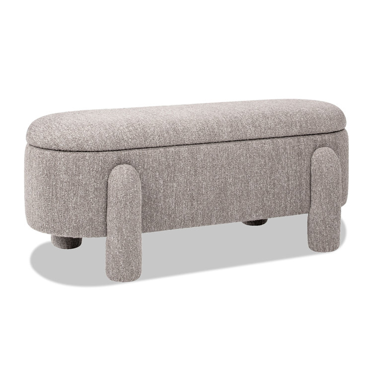 Olive Green Bouclé Upholstered Oval Storage Bench with Rubberwood Frame