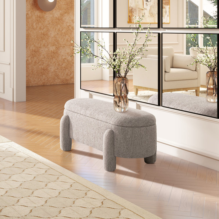 Olive Green Bouclé Upholstered Oval Storage Bench with Rubberwood Frame