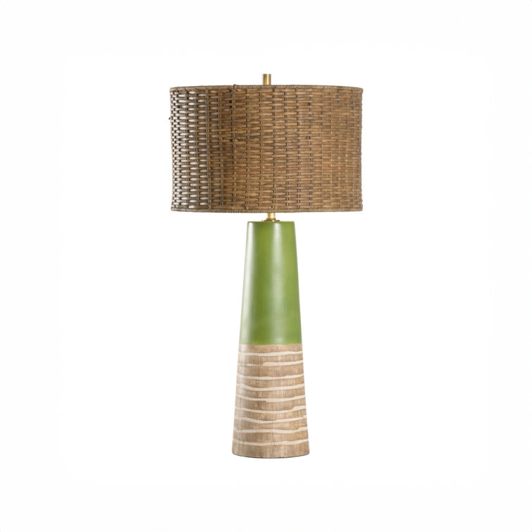Green and Brown Ceramic Palm Lamp with Rattan Shade