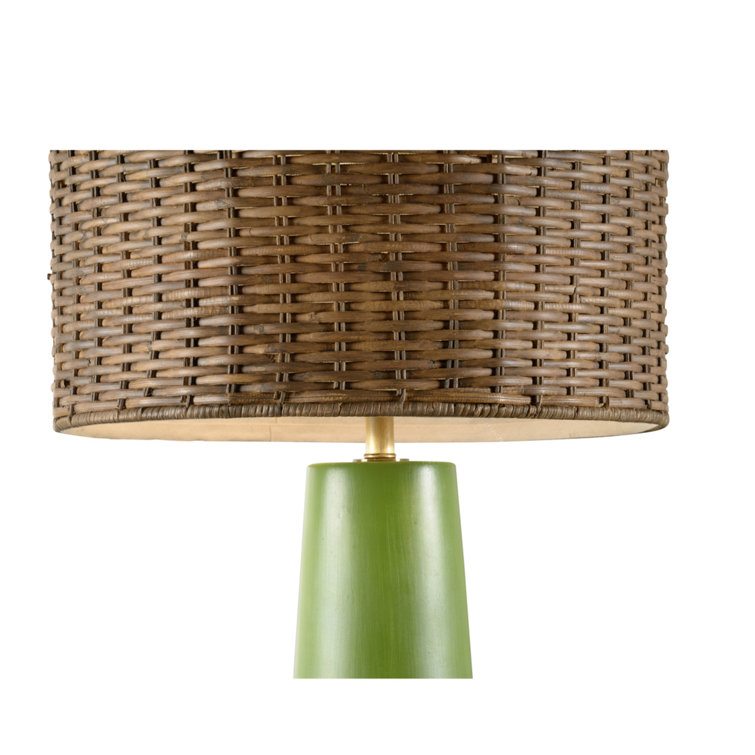 Green and Brown Ceramic Palm Lamp with Rattan Shade