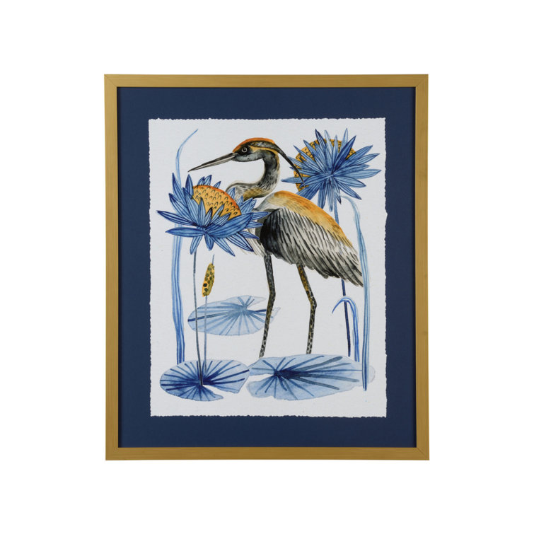 Gold Framed Heron Pond Art with Blue Mat
