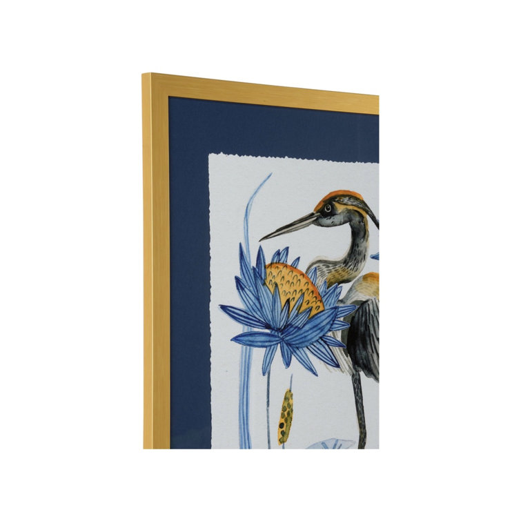 Gold Framed Heron Pond Art with Blue Mat