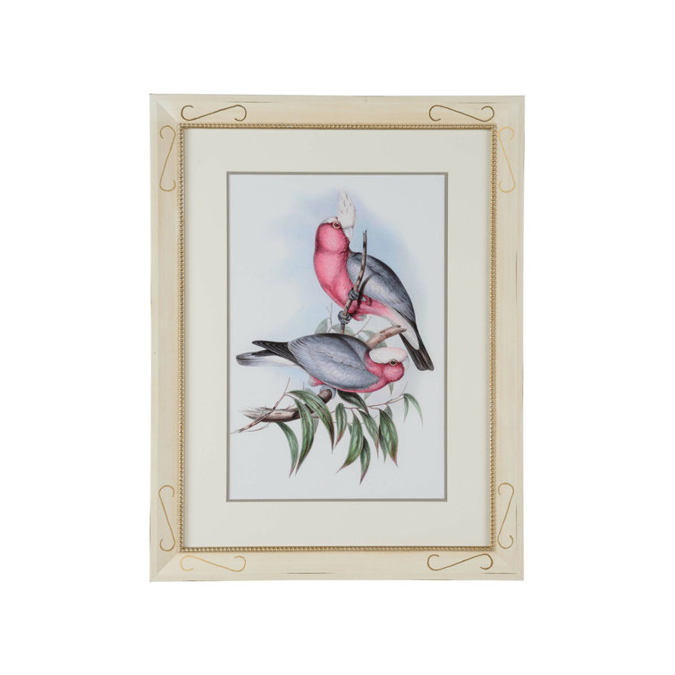 Cream Wood Framed Canvas Art with Pastel Parrots