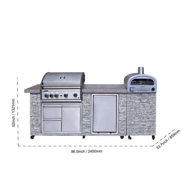 96 Inch Gray Stone Stainless Steel Propane Grill Island with Rotisserie