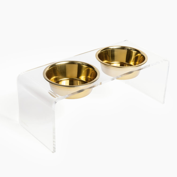 Small Clear Acrylic Double Pet Feeder with Gold Bowls