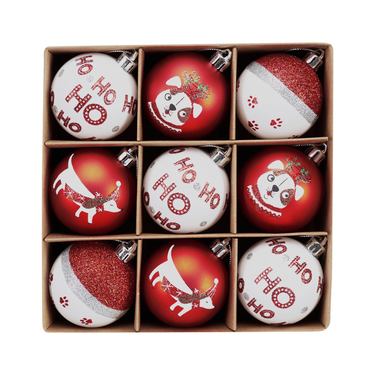 Red and White Shatterproof Plastic Dog Christmas Ornaments Set