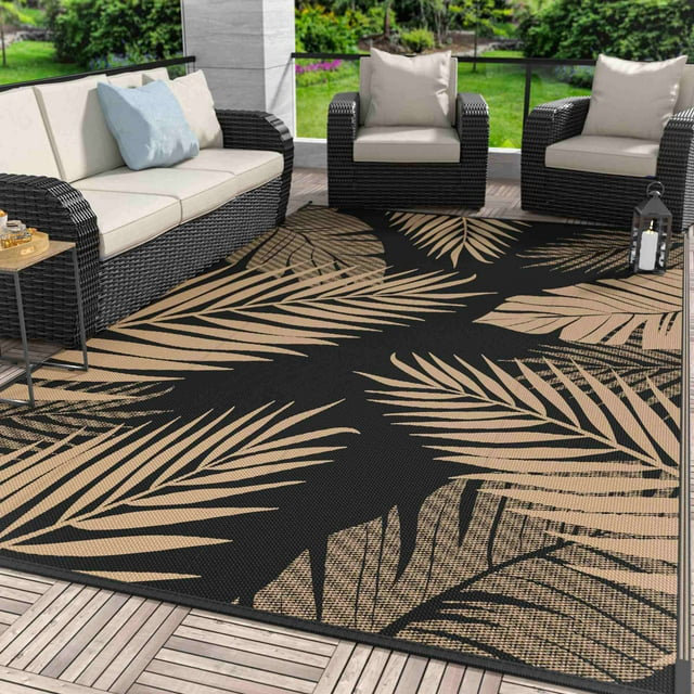Black and Beige 6' x 9' Reversible Synthetic Outdoor Rug