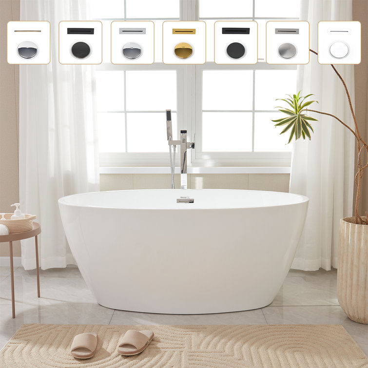 Vanity Art 59" White Acrylic Freestanding Bathtub with Chrome Drain