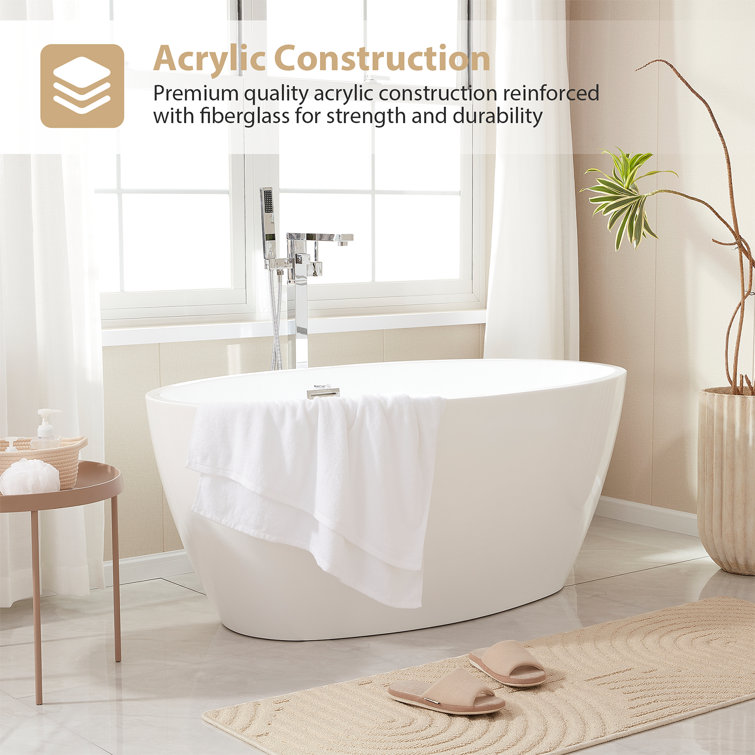 Vanity Art 59" White Acrylic Freestanding Bathtub with Chrome Drain
