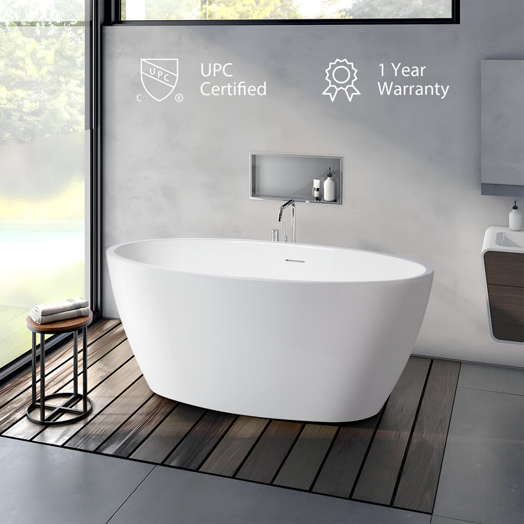 Vanity Art 59" White Acrylic Freestanding Bathtub with Chrome Drain