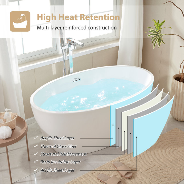 Vanity Art 59" White Acrylic Freestanding Bathtub with Chrome Drain