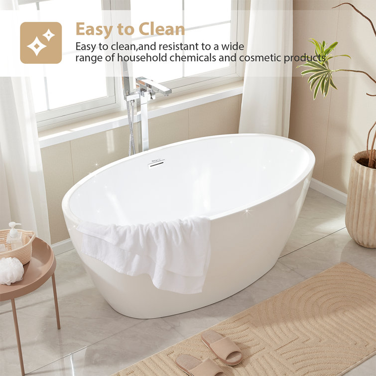Vanity Art 59" White Acrylic Freestanding Bathtub with Chrome Drain
