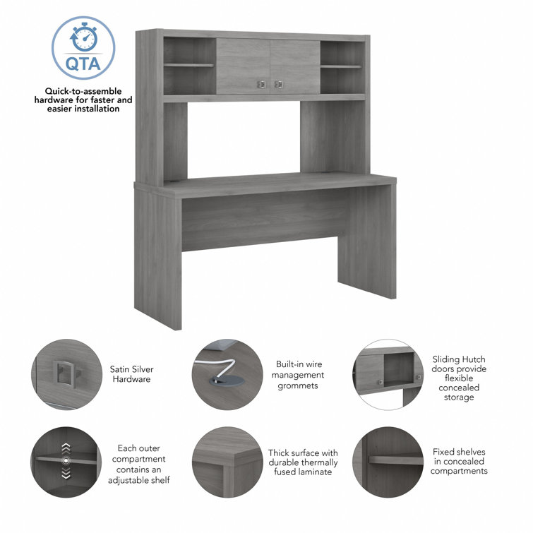 Modern Gray Wood Credenza Desk with Hutch and Filing Cabinet