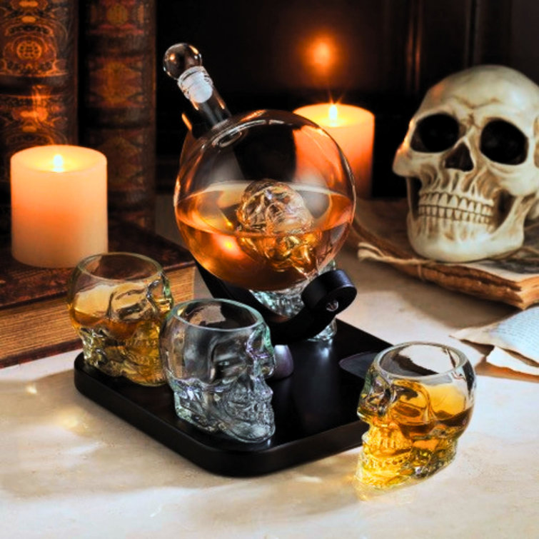 Clear and Dark Wood Skull 5-Piece Whiskey Decanter Set