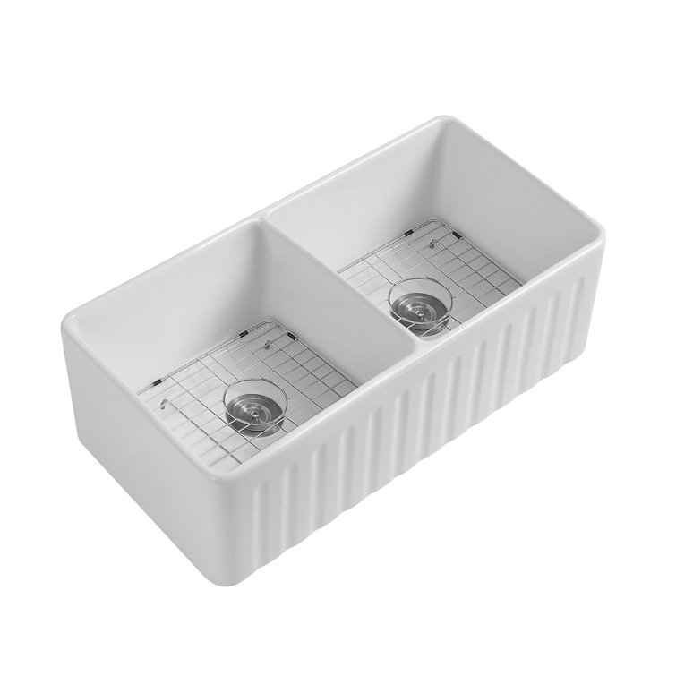 Premium White Fireclay Double Bowl Farmhouse Kitchen Sink