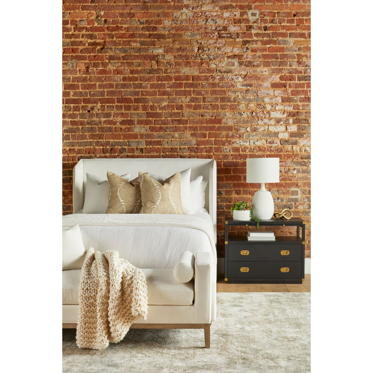 California King White Upholstered Wingback Bed with Oak Frame