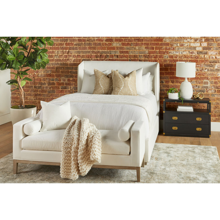 California King White Upholstered Wingback Bed with Oak Frame
