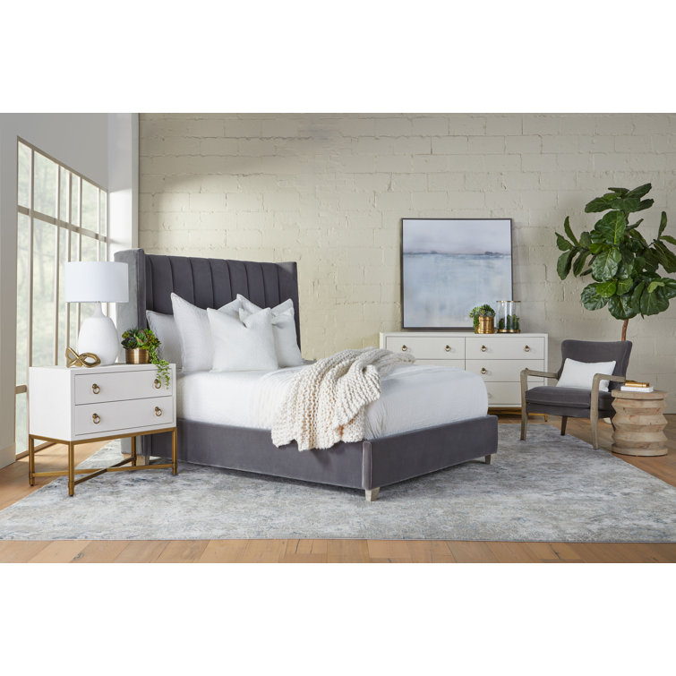 Gray Velvet Upholstered Queen Bed with Oak Frame