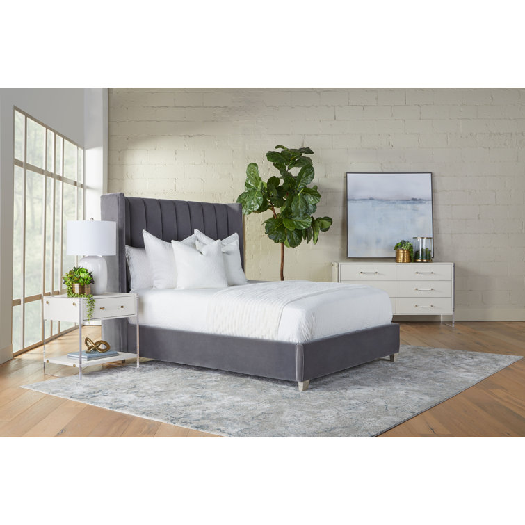 Gray Velvet Upholstered Queen Bed with Oak Frame
