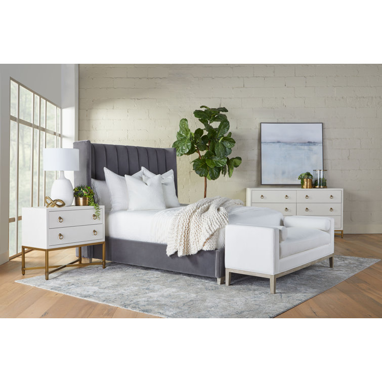 Gray Velvet Upholstered Queen Bed with Oak Frame