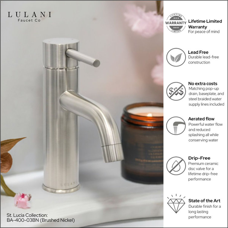 St. Lucia Brushed Nickel Single Hole Bathroom Faucet