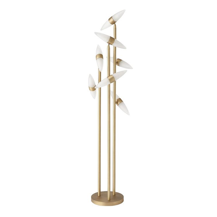 66'' Gold and White Frosted Glass Floor Lamp with Brass Accents