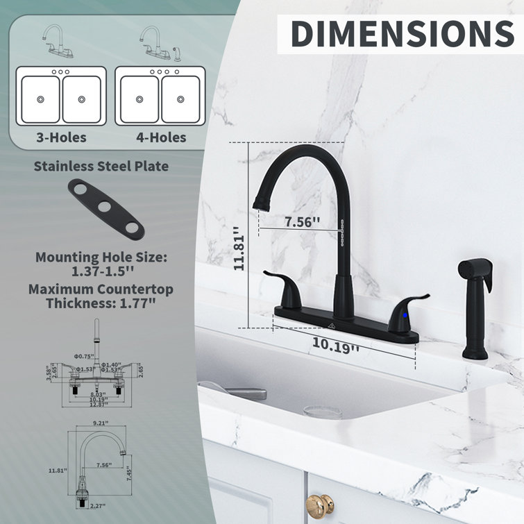 Matte Black Stainless Steel Double Handle Kitchen Faucet with Side Sprayer