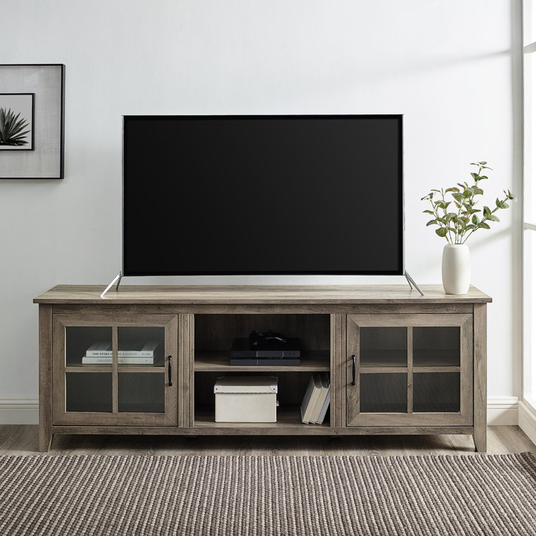 Gray Rectangular Farmhouse TV Stand with Glass Doors