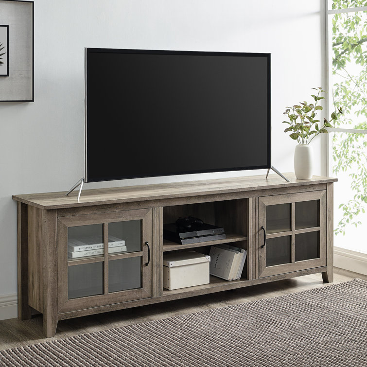 Gray Rectangular Farmhouse TV Stand with Glass Doors