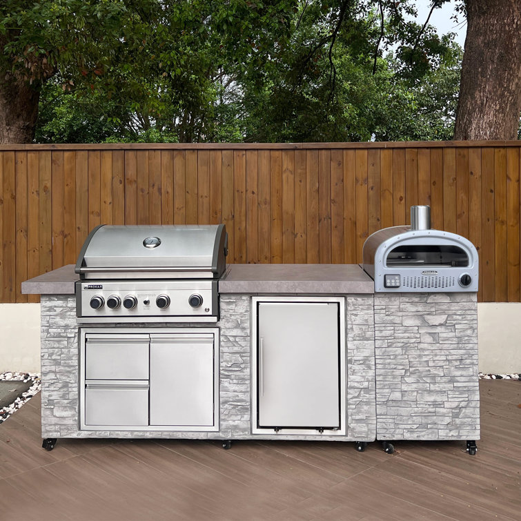 96 Inch Gray Stone Stainless Steel Propane Grill Island with Rotisserie
